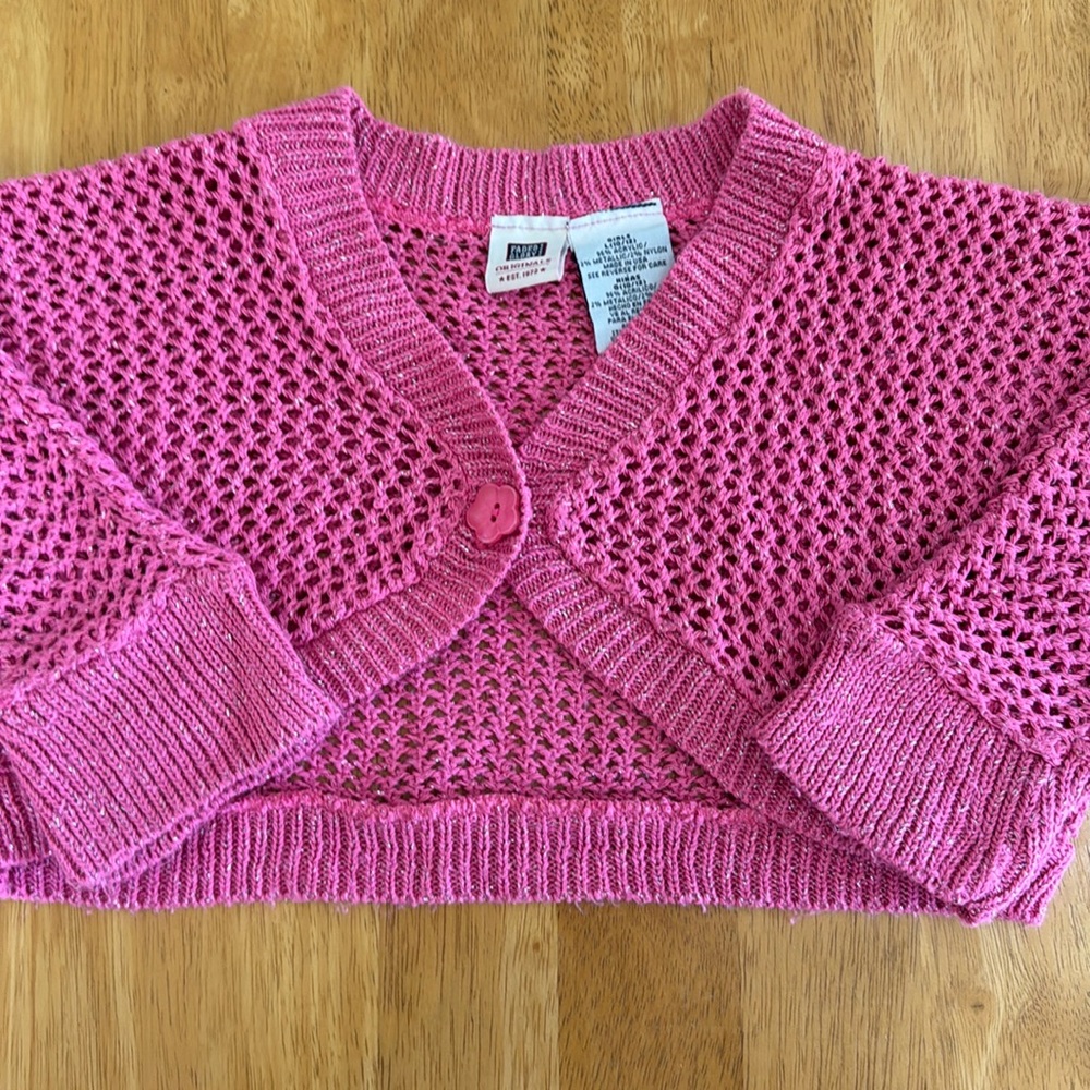 🛑 Vintage Pink Knit Bolero Shrug Sweater Open Knit Cardigan Girls  L 10/12